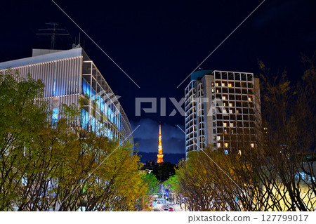 Tokyo Tower which can be seen from between the buildings Tokyo Tower which can be seen from between the buildings 127799017