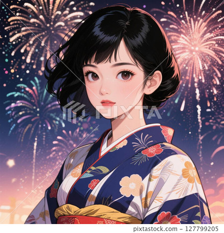 A woman in a yukata standing at a fireworks display A woman in a yukata standing at a fireworks display 127799205