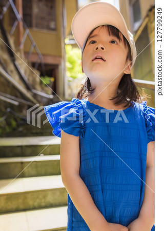 A girl looking up at the sky in an alley at Tsuetate Onsen A girl looking up at the sky in an alley at Tsuetate Onsen 127799249