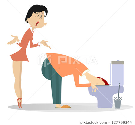 Family problems. Family life. Arguing man and woman. Angry woman scolds the man, who drunk or sick, vomiting in lavatory pan in toilet. Food or alcohol poisoning 127799344