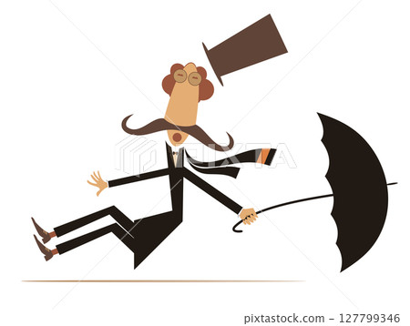 Cartoon man, umbrella and windy day.  Cartoon long mustache man in the top hat with umbrella falling down from the fit by the strong wind 127799346