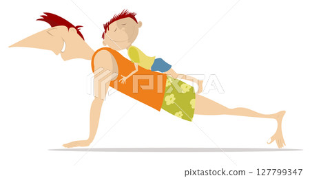 Healthy lifestyle. Dad and his little son do exercises. Happy father with a child on his back doing physical exercises Healthy lifestyle. Dad and his little son do exercises. Happy father with a child on his back doing physical exercises 127799347