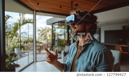 people using AR glasses while exploring real estate listings in a modern home environment 127799427