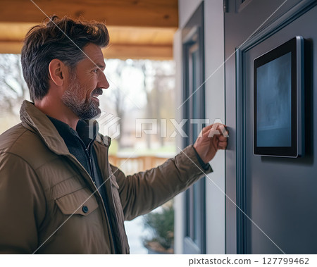 tech-savvy homeowner asking AI to show weather forecast on smart screen near entryway 127799462