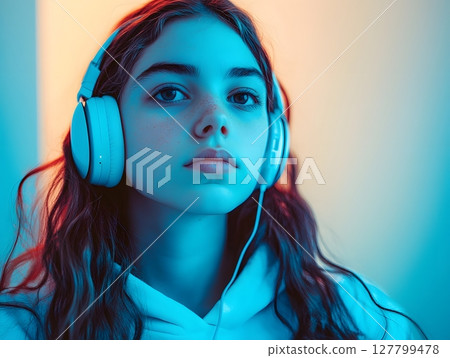 teen girl listening to music with ai playlist on headphones 127799478