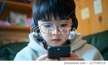 teenager holding phone to face for ai language practice session 127799519