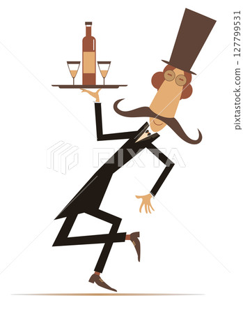 Funny man carries a tray with a bottle and two glasses. Long mustache in the top hat carries a tray with alcohol drink and glasses Funny man carries a tray with a bottle and two glasses. Long mustache in the top hat carries a tray with alcohol drink and glasses 127799531