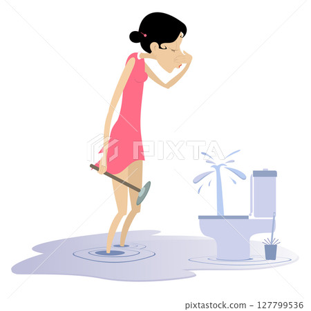 Woman clears a clogged toilet boul.  Young man with a plunger in his hand tries to clear a blockage in a toilet and plugs his nose to avoid smelling the unpleasant smell 127799536