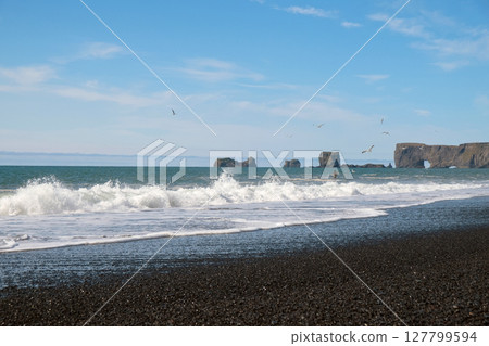 Reynisfjara Black Sand Beach. Dyrholaey Peninsula Reynisfjara Black Sand Beach. Dyrholaey Peninsula 127799594