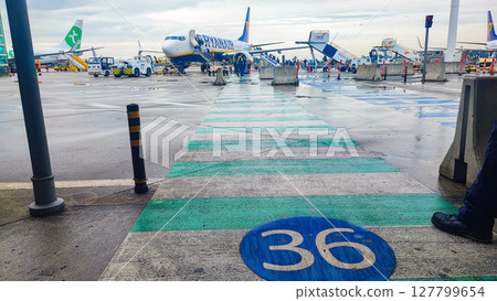 Ryanair airplane boarding on wet tarmac at gate 36 under cloudy sky - modern low-cost travel scene 127799654