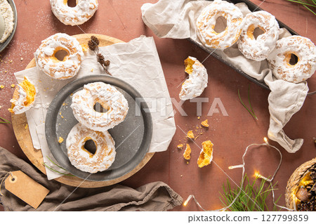 Portuguese sweets named argolas das Caldas - Rings from Caldas. Typical glazed cookies with sugar. Regional sweet from Caldas da Rainha, Portugal. 127799859
