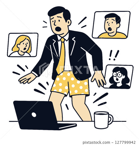Man in suit and shorts surprised during video call, humorous situation, remote work 127799942