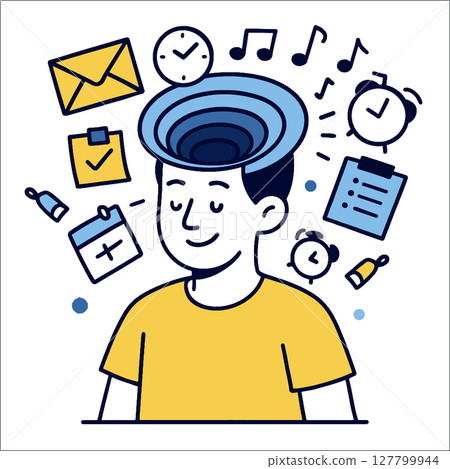 Mindfulness illustration with person surrounded by symbols of time management and organization Mindfulness illustration with person surrounded by symbols of time management and organization 127799944