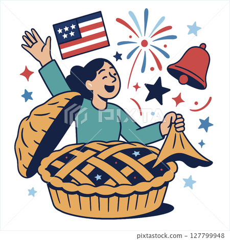 Celebrating with pie, fireworks, and patriotism in festive scene 127799948