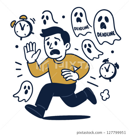 Person running from deadlines and clocks, feeling anxious and overwhelmed by time constraints 127799951