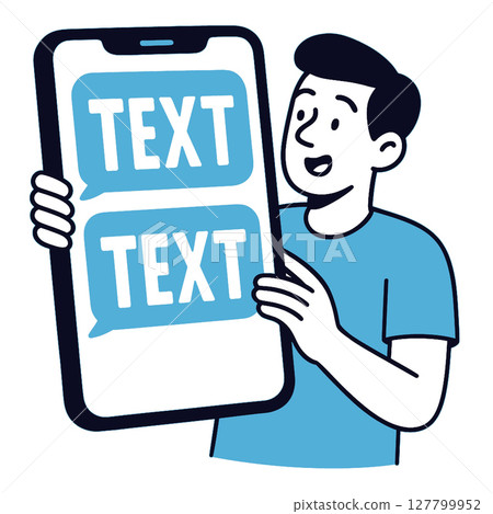 Person holding smartphone displaying text messages, expressing excitement and engagement Person holding smartphone displaying text messages, expressing excitement and engagement 127799952