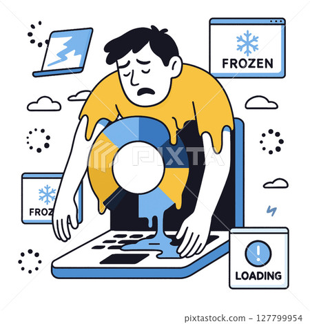 Frustrated person dealing with computer issues, frozen screen, loading icon, digital problems Frustrated person dealing with computer issues, frozen screen, loading icon, digital problems 127799954