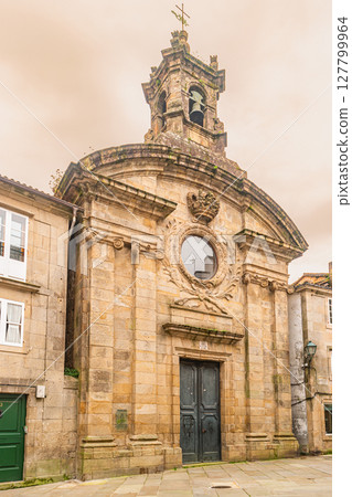 Santiago de Compostela Cathedral, Galicia, Spain. Obradeiro square in Santiago de Compostela The ending point of ancient pilgrim routes, Camino de Santiago or Way of St. James 127799964