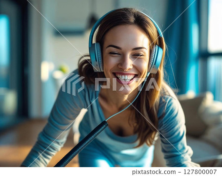 happy young woman enjoying music in living room happy young woman enjoying music in living room 127800007