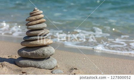 Balanced stone cairn on sandy shore with calm turquoise water 127800052
