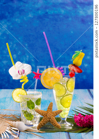 Mojito and lemon lime Cocktails in tropical blue wood Mojito and lemon lime Cocktails in tropical blue wood 127800196