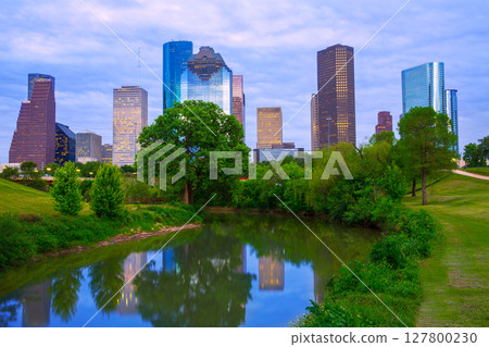 Houston Texas modern skyline from park river Houston Texas modern skyline from park river 127800230