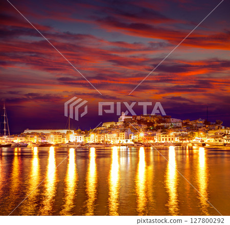Eivissa Ibiza town downtown at sunset in Balearic 127800292