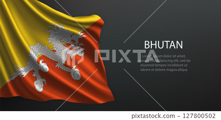 Bhutan national flag waving on dark background Bhutan national flag waving on dark background 127800502