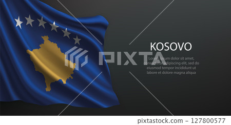 Kosovo national flag waving on dark background 127800577