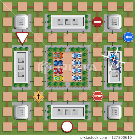 Car race in the city. A game. View from above. Vector illustration. Car race in the city. A game. View from above. Vector illustration. 127800610