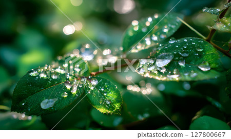 macro close-up of a green leaf with water droplets and soft natural sunlight. Perfect for nature-themed designs and publications. 127800667