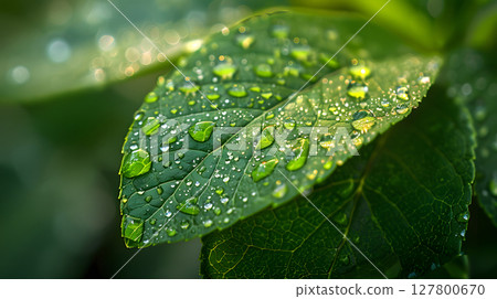 macro close-up of a green leaf with water droplets and soft natural sunlight. Perfect for nature-themed designs and publications. macro close-up of a green leaf with water droplets and soft natural sunlight. Perfect for nature-themed designs and publications. 127800670