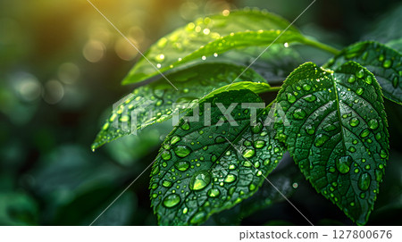macro close-up of a green leaf with water droplets and soft natural sunlight. Perfect for nature-themed designs and publications. 127800676