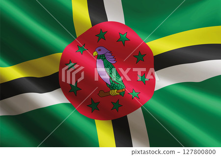 Dominica flag waving in the wind, detailed silk texture 127800800