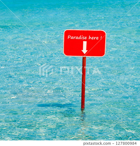 turquoise tropical sea with red sign saying Paradise here turquoise tropical sea with red sign saying Paradise here 127800984
