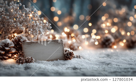 Christmas snowy scene with wooden blank sign, pinecones and twinkle lights on winter background for holiday greeting or message. Cozy festive mood. 127801034