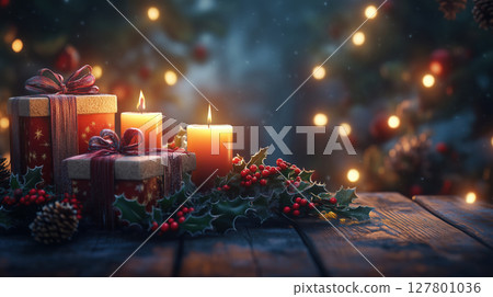 Christmas candles and wrapped gifts on rustic wooden table with holly berries and pinecones, glowing festive lights in cozy holiday scene. Warm celebration. 127801036