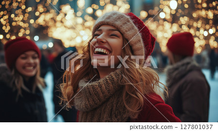 Christmas outdoor scene with happy young woman laughing in warm hat and scarf, festive bokeh lights in background, joyful holiday atmosphere. 127801037