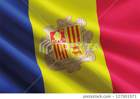 Andorra flag waving in the wind, detailed silk texture 127801071