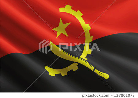Angola flag waving in the wind, detailed silk texture 127801072