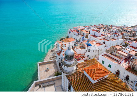 Peniscola beach and Village aerial view in Castellon Spain 127801181