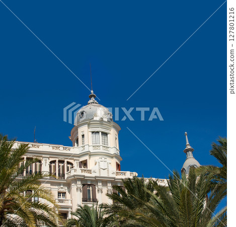 Alicante La Explanada buildings with plam trees in Valencia 127801216