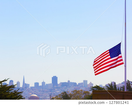 San francisco foggy with United States flag 127801241