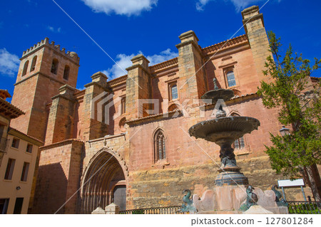 Mora de Rubielos Teruel church with fountain Spain 127801284
