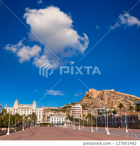 Alicante city and castle from port in Mediterranean spain 127801482