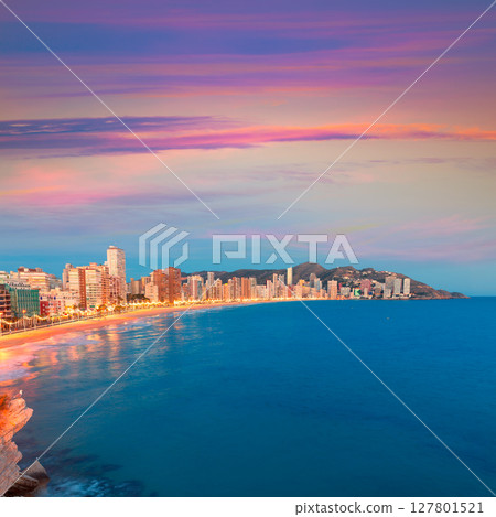 Benidorm sunset Alicante playa de Levante beach sunset in spain Benidorm sunset Alicante playa de Levante beach sunset in spain 127801521