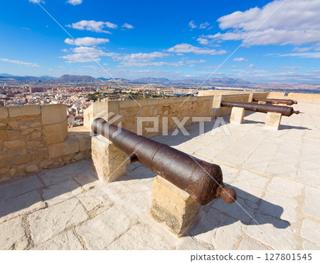 Alicante skyline and old canyons of Santa Barbara Castle Alicante skyline and old canyons of Santa Barbara Castle 127801545