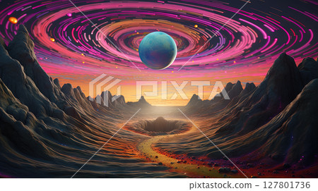 Fantasy landscape of a sci-fi planet with mountains and a road with mystic sphere. Generated AI Fantasy landscape of a sci-fi planet with mountains and a road with mystic sphere. Generated AI 127801736