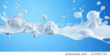 Milk splash or cream wave with drops on blue background, wide illustration. Generated AI. 127801755