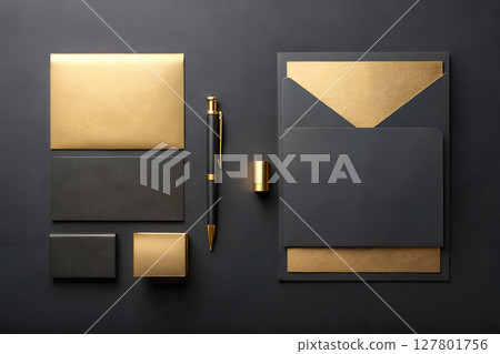 Mock up template with set of stationary elements. Folder, business card, envelope and pen. Generated AI. 127801756
